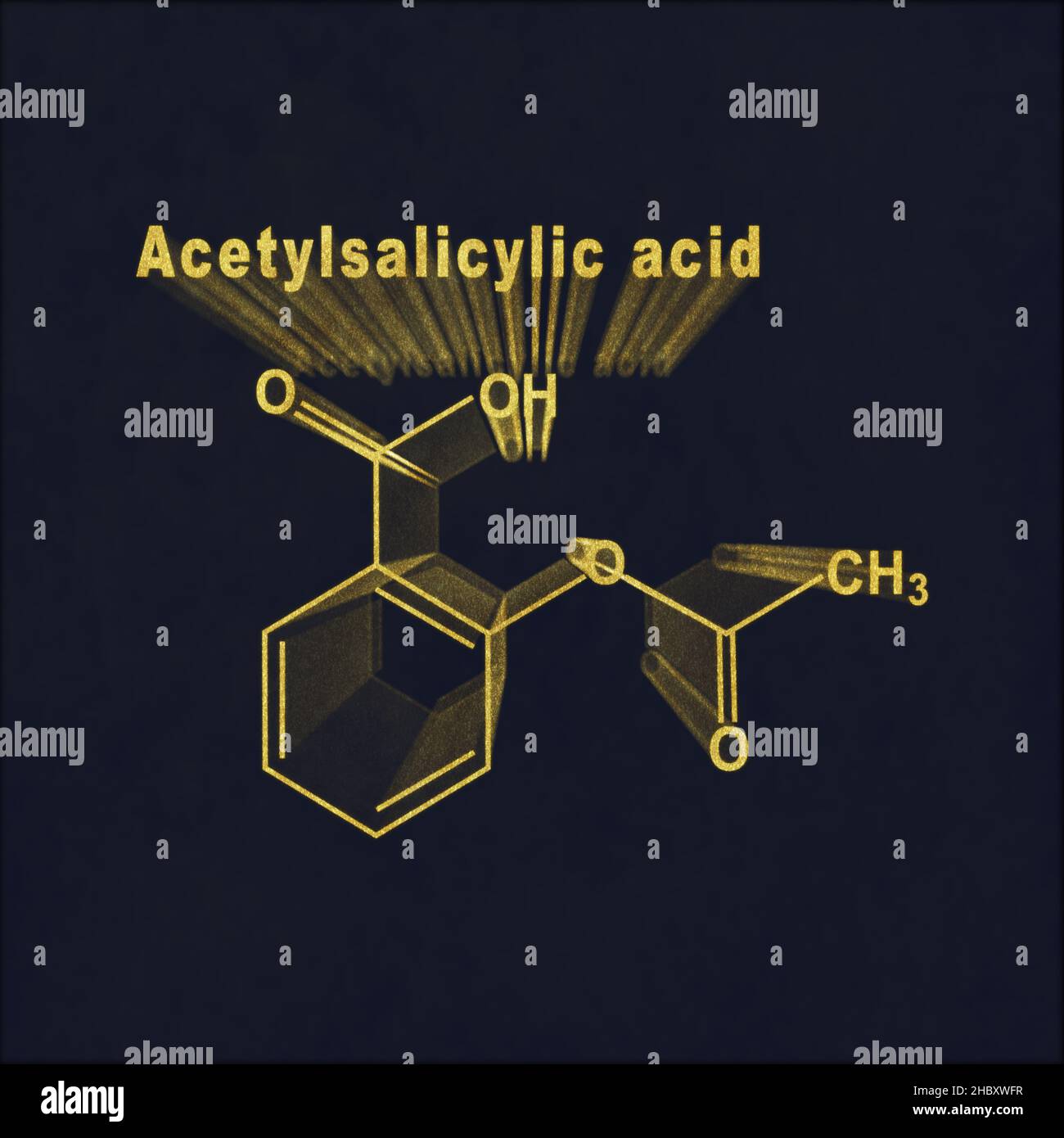 Acetylsalicylsäure, Aspirin, strukturchemische Formel Gold auf dunklem Hintergrund Stockfoto