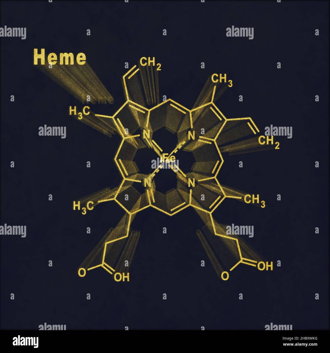Häm-Molekül strukturelle chemische Formel Gold auf dunklem Hintergrund Stockfoto