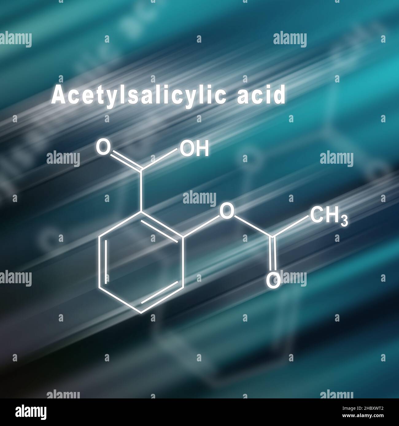 Acetylsalicylsäure, Aspirin, strukturelle chemische Formel futuristischer Hintergrund Stockfoto