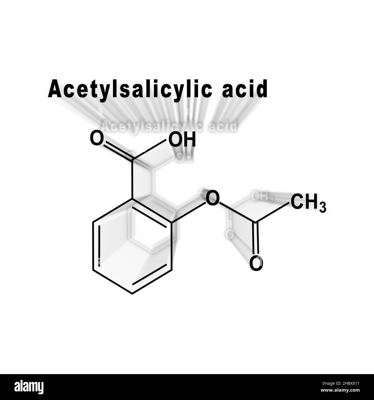Acetylsalicylsäure, Aspirin, strukturelle chemische Formel auf weißem Hintergrund Stockfoto