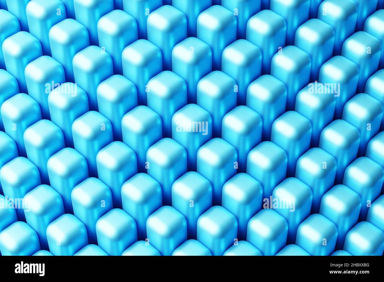 3D Illustration von Reihen von blauen Quadraten.Satz von Würfeln auf Monocrome-Hintergrund, Muster. Geometriehintergrund Stockfoto
