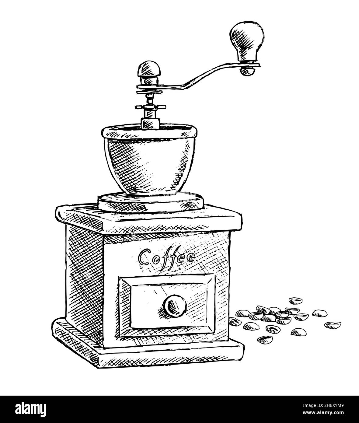 Retro Kaffeemühle mit Kaffeebohnen. Antikes Gerät für die Zubereitung eines Kaffeegetränks. Cafe-Symbol. Vektor-isolierte, handgezeichnete Illustration. Schwarz und w Stock Vektor