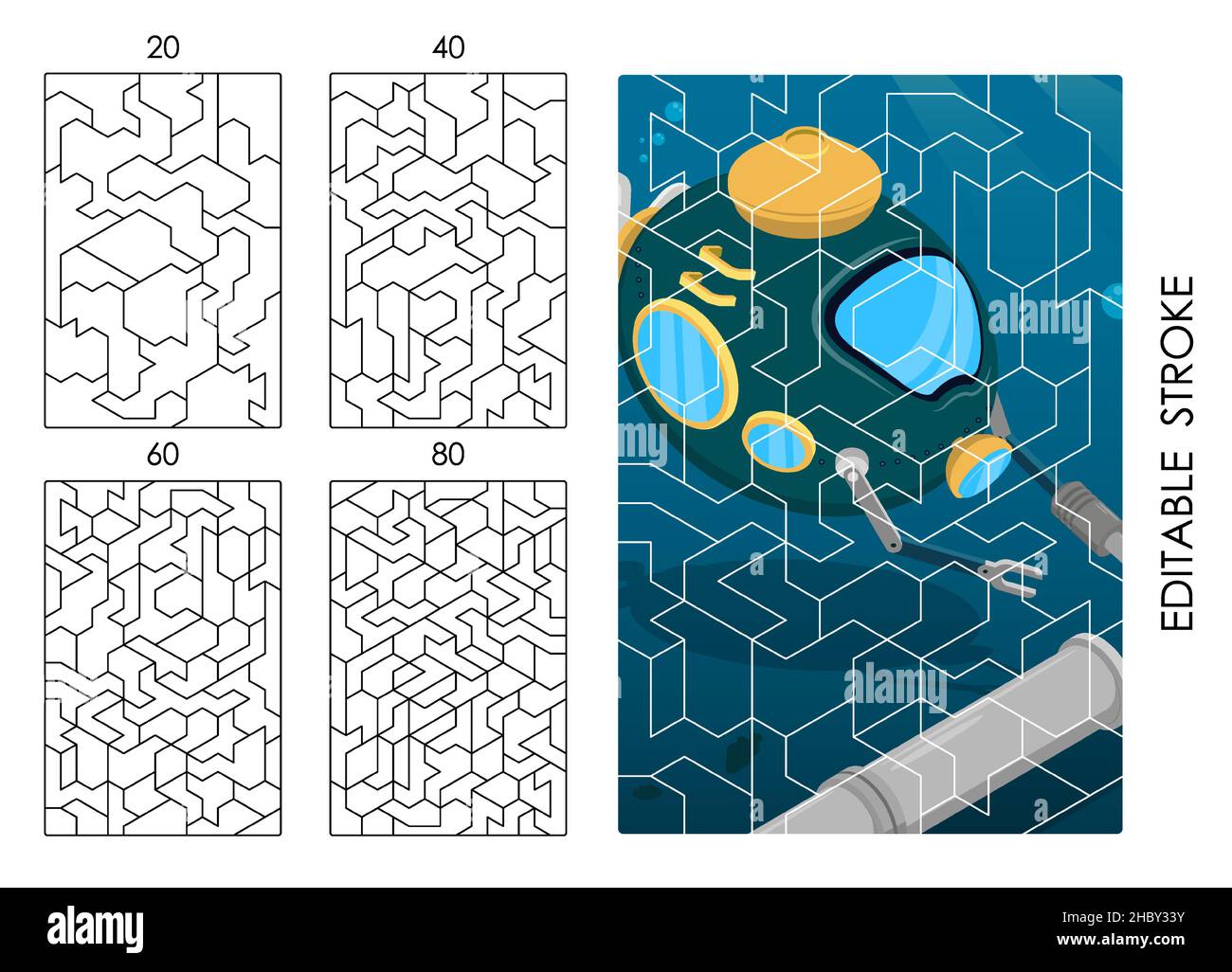 Vorlage von rechteckigen Puzzleteilen mit verschiedenen Schwierigkeitsgraden für das überlagerte Bild. Bearbeitbares Konturgewicht. Kinder pädagogische Spiele. Schwarz A Stock Vektor