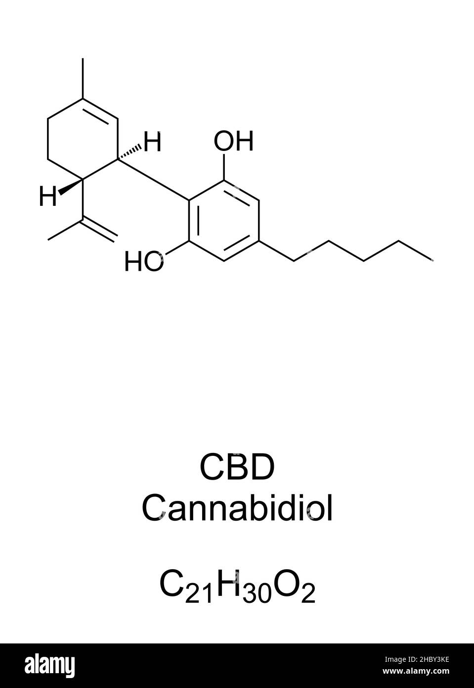 Cannabidiol, CBD, chemische Formel und Struktur. Eines der Cannabinoide und eine wichtige Verbindung, die in Cannabis-Sativa-Pflanzen gefunden wird. Stockfoto