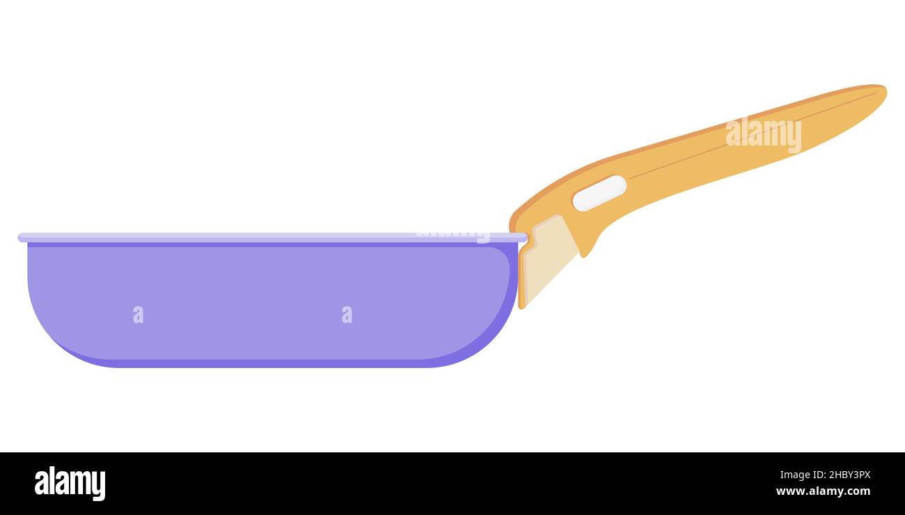 Violette Bratpfanne mit gelbem Griff zum Kochen und Braten in flacher, auf weißem Hintergrund isolierter Form. Vektorgrafik Stock Vektor