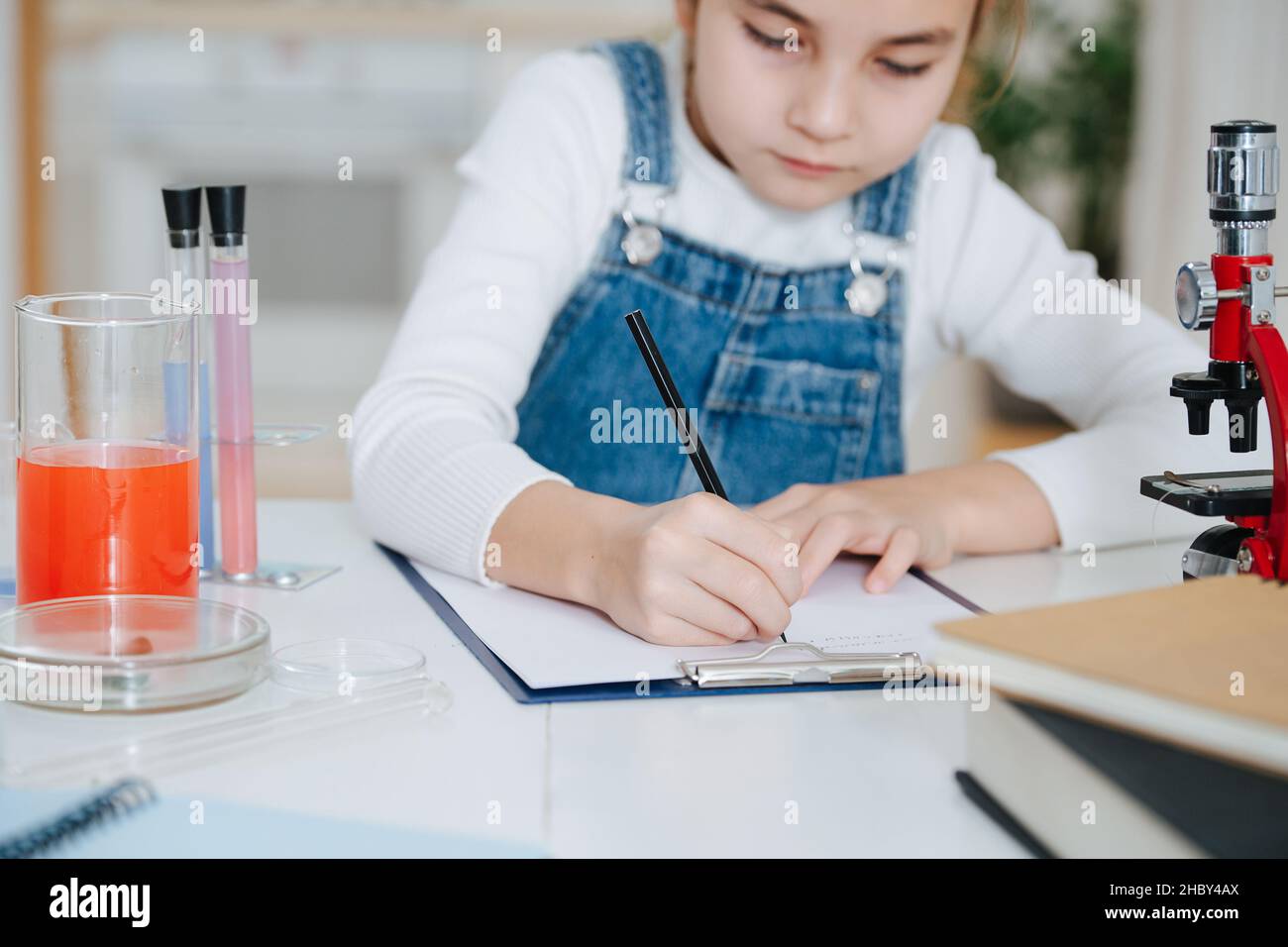 Hart arbeitend kleines Mädchen, das Home Science-Projekt macht und den Prozess dokumentiert. Sie hat Chemiegläser mit bunten Flüssigkeiten und Mikroskop Stockfoto