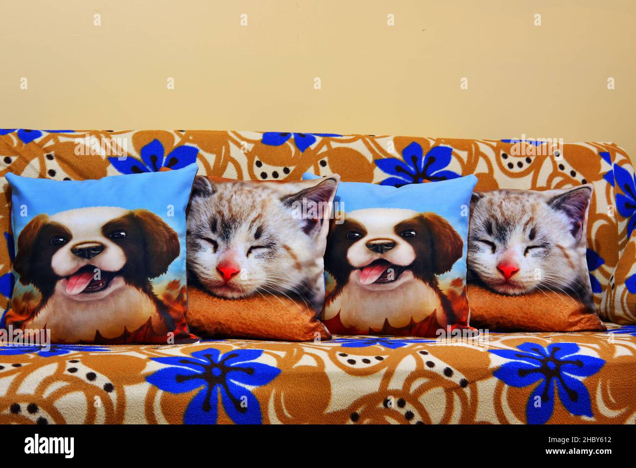 Kissen mit Hund und Katze Zeichnungen auf aufgeräumt Couch im Wohnzimmer Stockfoto