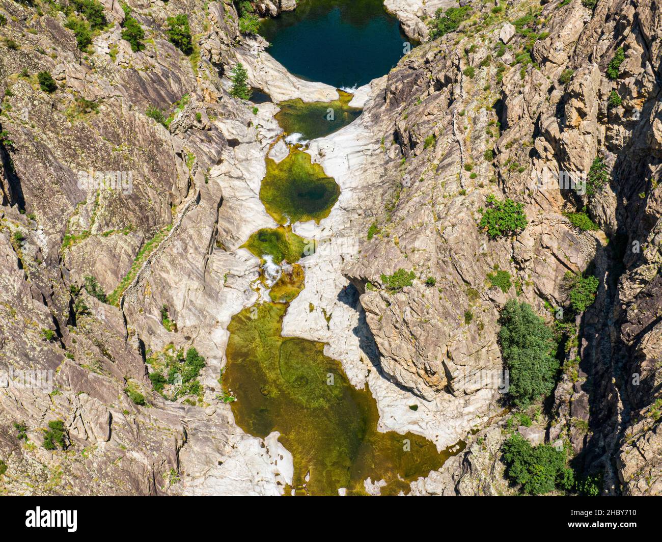 Luftaufnahme der wilden natürlichen Pools, Chassezac Fluss, in lozere, Frankreich Stockfoto