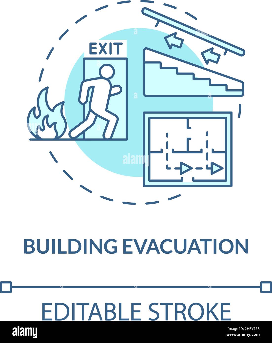 Türkisfarbenes Konzeptsymbol für die Gebäudeevakuierung Stock Vektor
