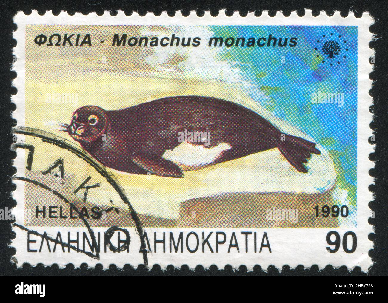 GRIECHENLAND - UM 1990: Stempel gedruckt von Griechenland, zeigt mediterranes Mönchsrobbe, um 1990 Stockfoto