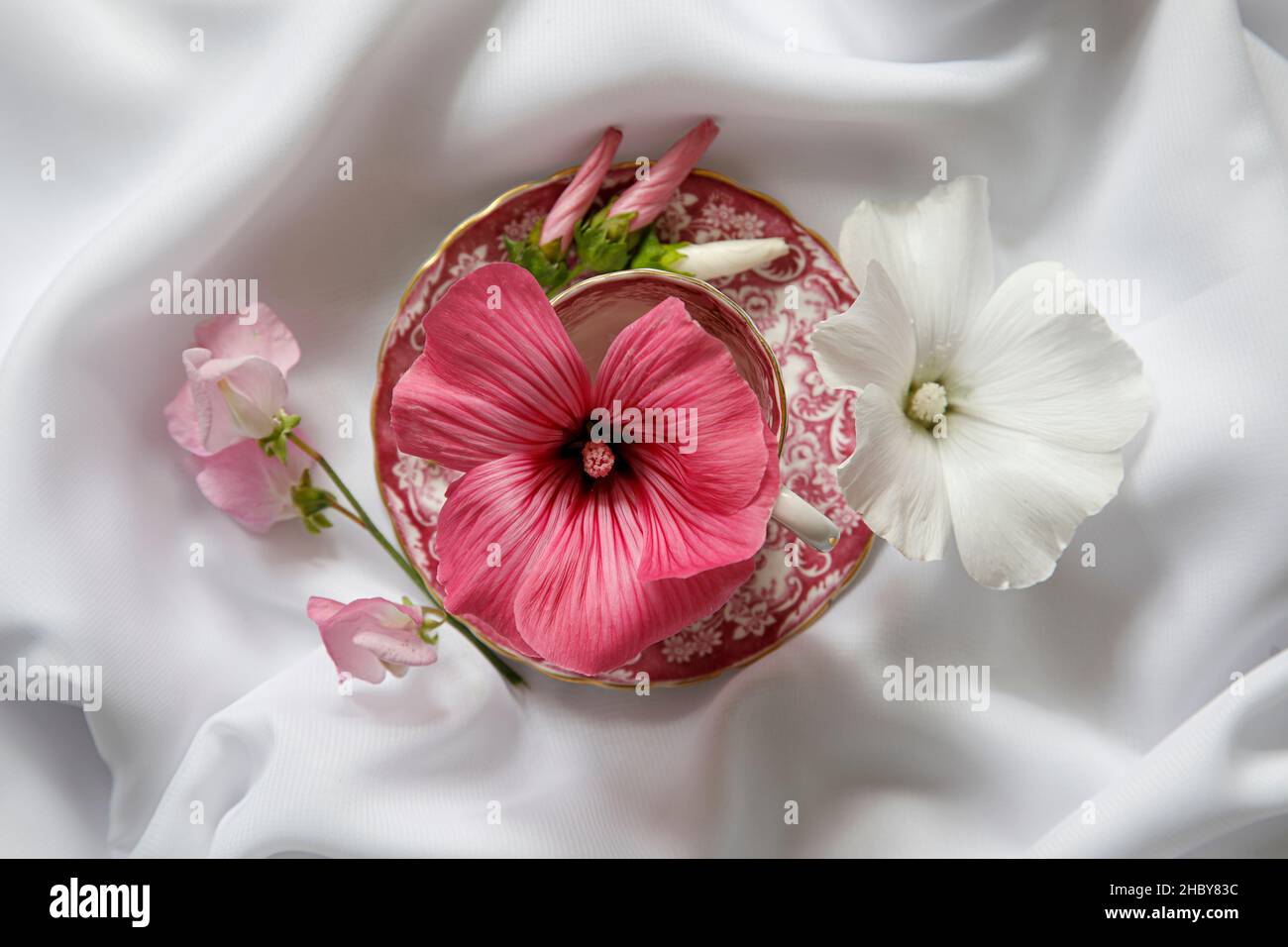 Vintage Kaffeetasse und Blumen Stockfoto