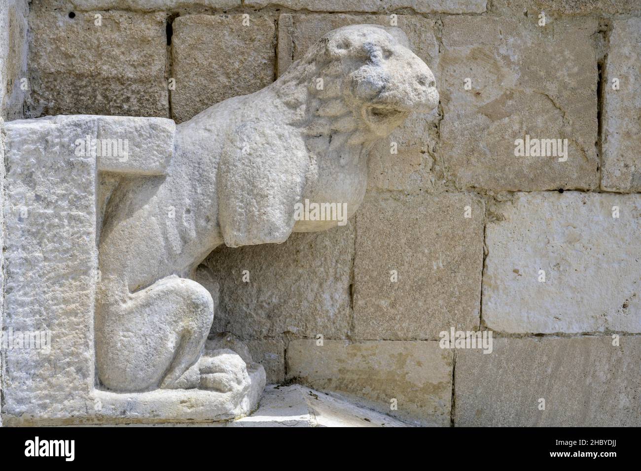 Löwenfigur auf dem Portal der Kathedrale von San Leopardo, Osimo, Provinz Ancono, Italien Stockfoto