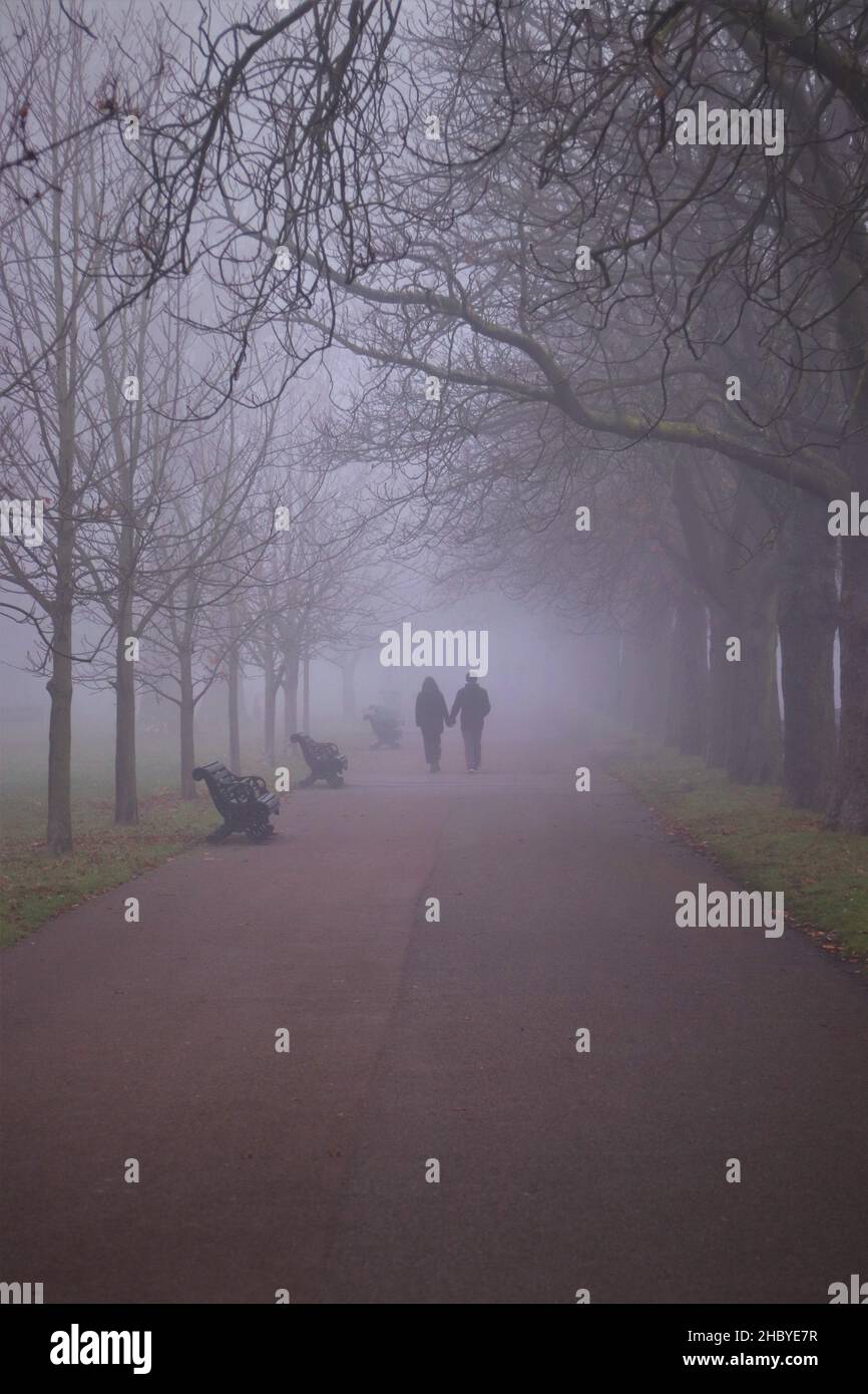 Ein Paar, das an einem nebligen Tag im Park spazieren ging Stockfoto