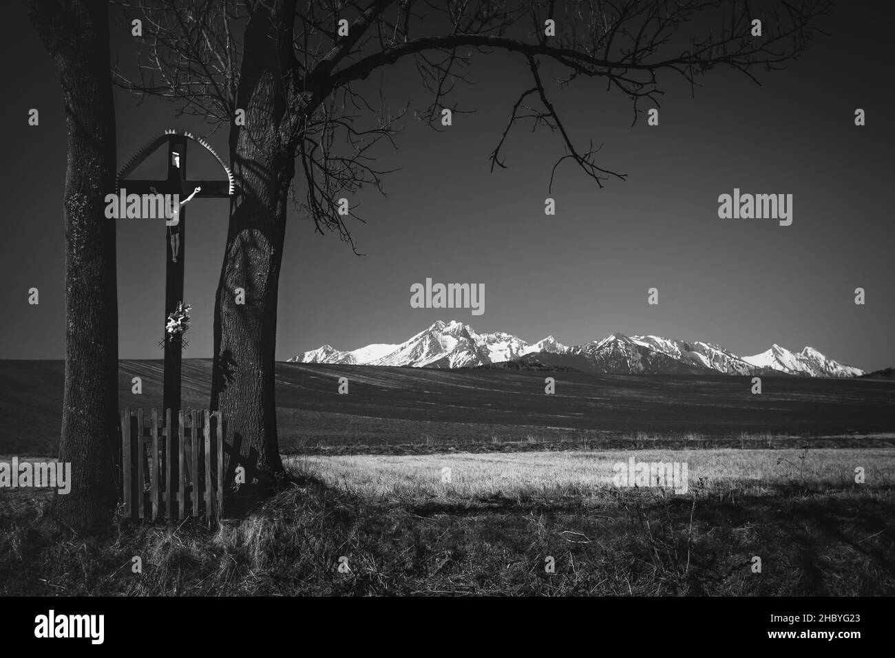 Strassenkreuze, Bäume, Felder, tatra Berge Hintergrund, s&w, Slowakei Stockfoto