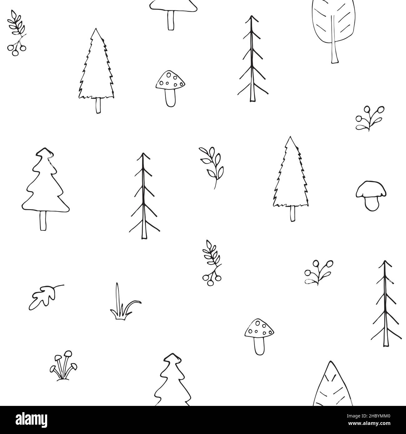 Wald Nahtloses Muster, Wald Hintergrund. Niedliche Cartoon Bäume und Pflanzen Vektor-Illustration. Stock Vektor