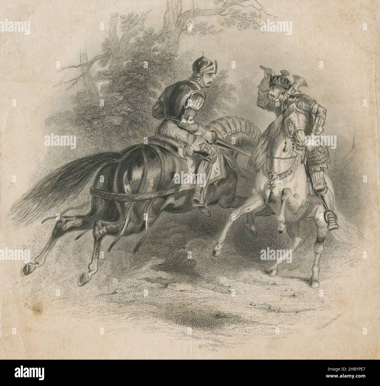 Antike Gravur um 1830, die Begegnung von König Robert Bruce und Sir Henry de Bohun vor der Schlacht von Bannockburn im Jahr 1314. QUELLE: ORIGINALGRAVUR Stockfoto