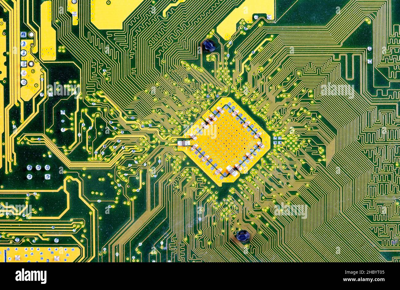 Gelb grün Computer-Platine PCB Hauptplatine abstrakten Hintergrund Textur, Hintergrund, Objekt Struktur Detail, extreme Nahaufnahme, niemand. Technolog Stockfoto