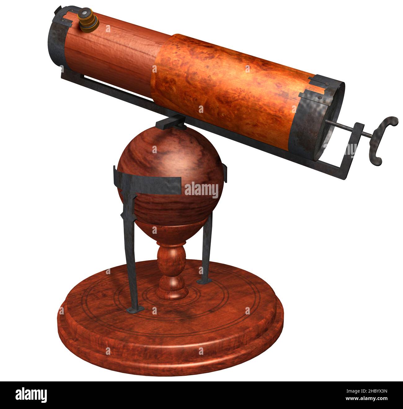 3D Rendering Illustration des alten Rotativ-Reflektor-Teleskops; entworfen und erstellt von Sir Isaac Newton im Jahr 1668. Stockfoto