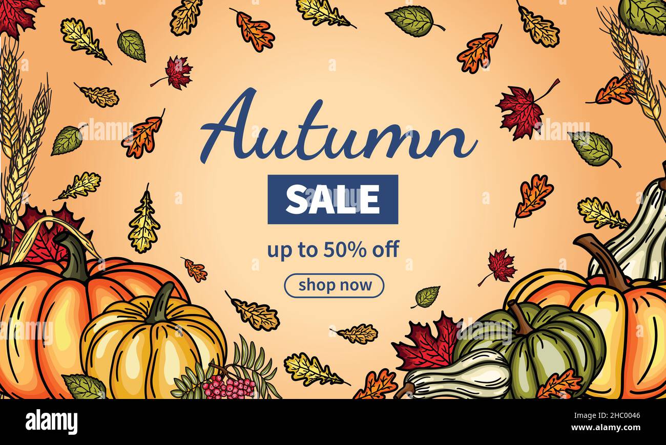 Autumn Sale Banner mit fallenden Blättern. Herbstvorlagen für Banner, Flyer oder Präsentationen. Stock Vektor