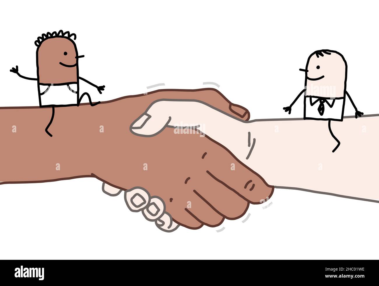 Hand gezeichnet Cartoon Schwarz und Weiß Männer Treffen auf einem großen Handschlag Stock Vektor