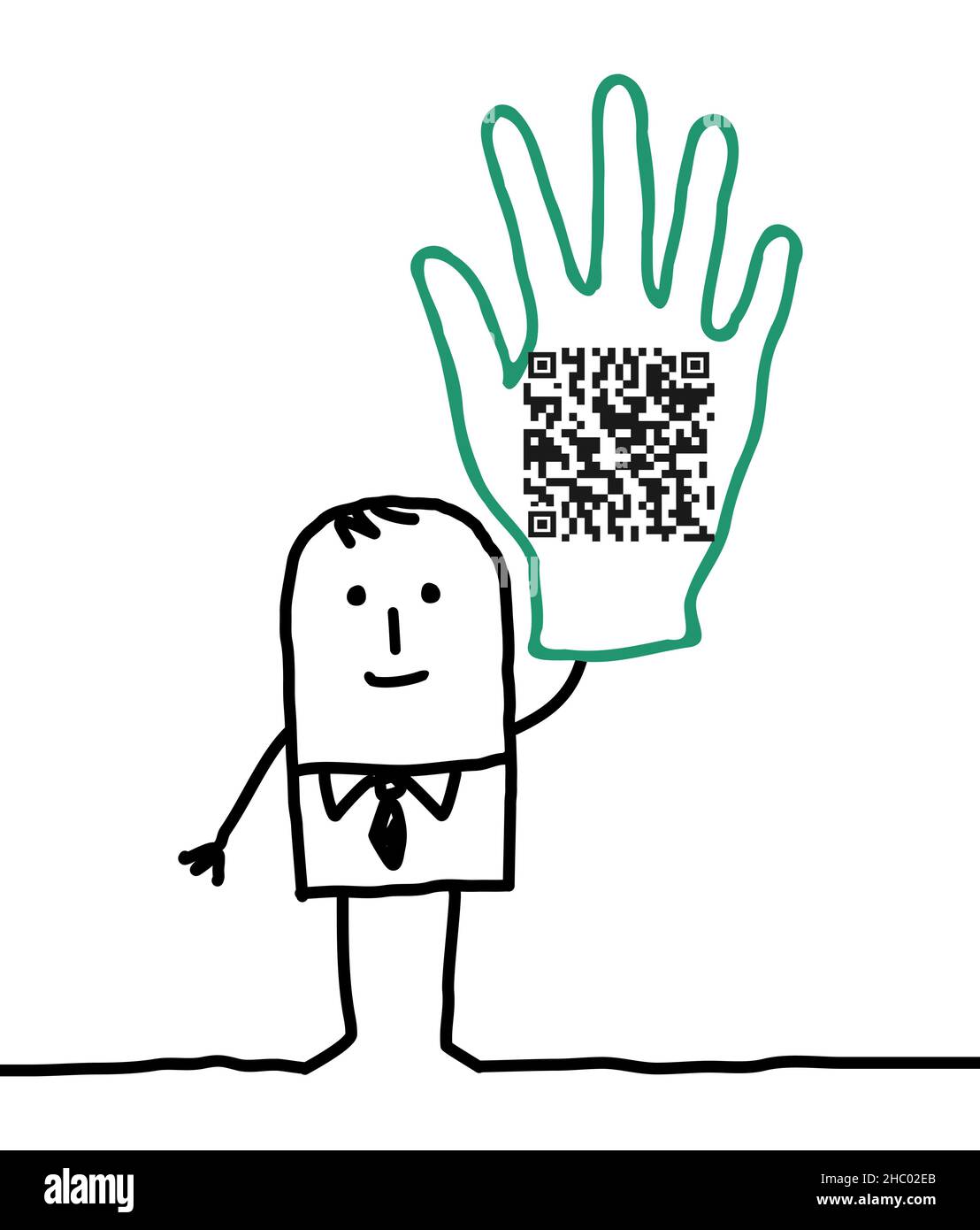 Handgezeichneter Cartoon-Mann zeigt ODER Code in seiner erhobenen Hand Stock Vektor