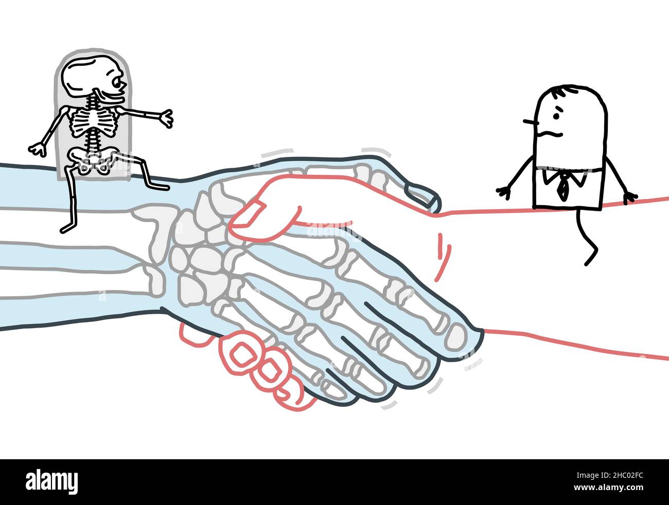 Handgezeichneter Cartoon-Mann und Skelett treffen sich auf einem großen Handschlag Stock Vektor