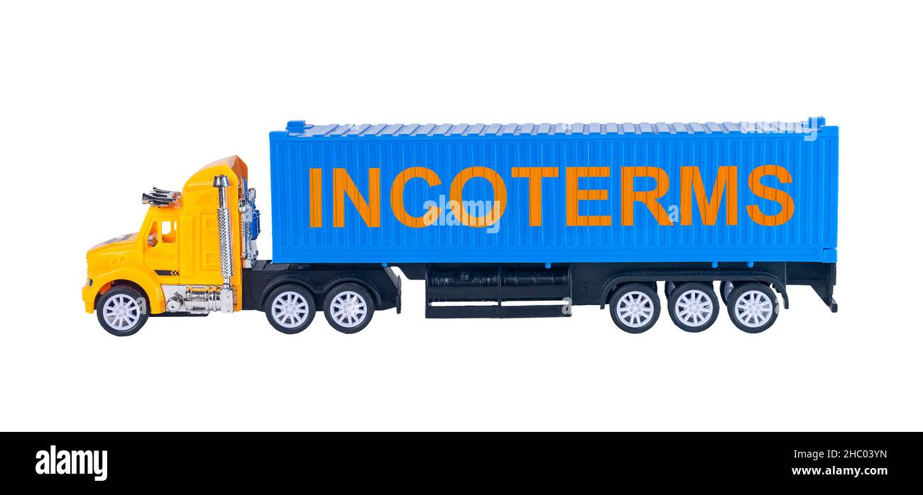 Incoterms Wort. Internationale Handelsbedingungen, Text auf LKW mit Container. Stockfoto