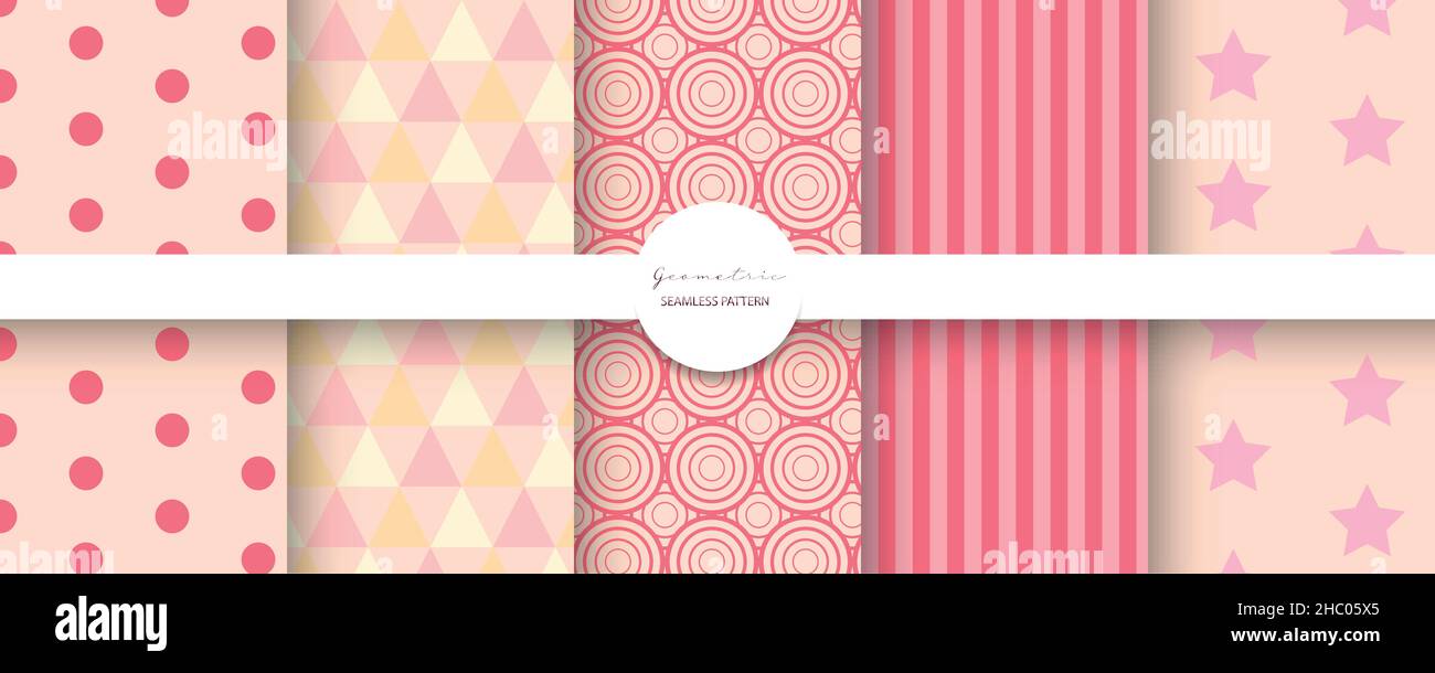 Set aus 5 nahtlosen geometrischen Mustern in Pastelltönen. Kreise, Dreiecke, Streifen und Sterne Stock Vektor