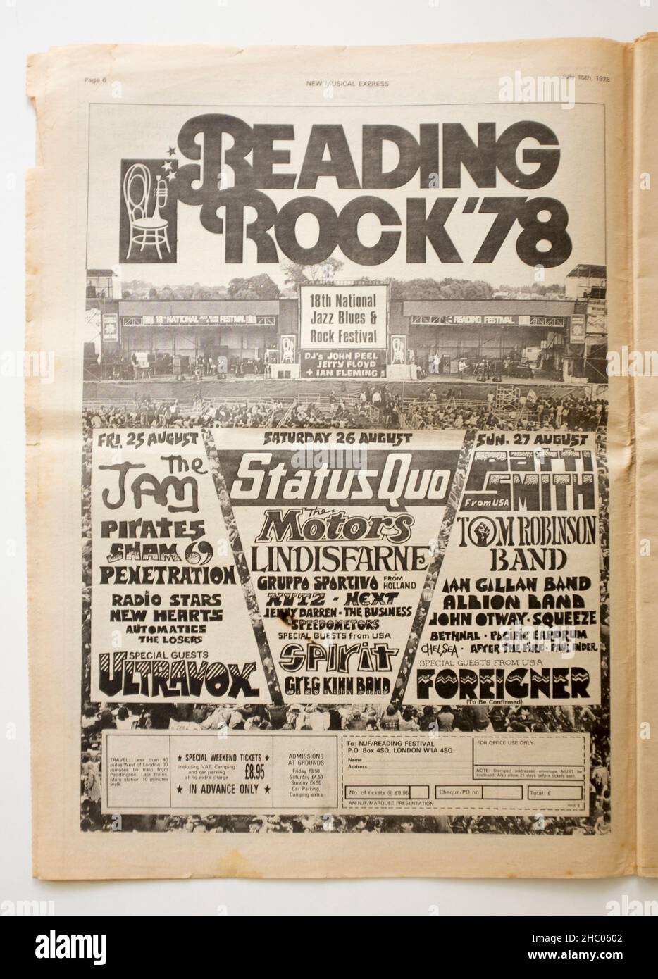 1970s Anzeige für das Reading Rock Festival vom New Musical Express Magazine Stockfoto