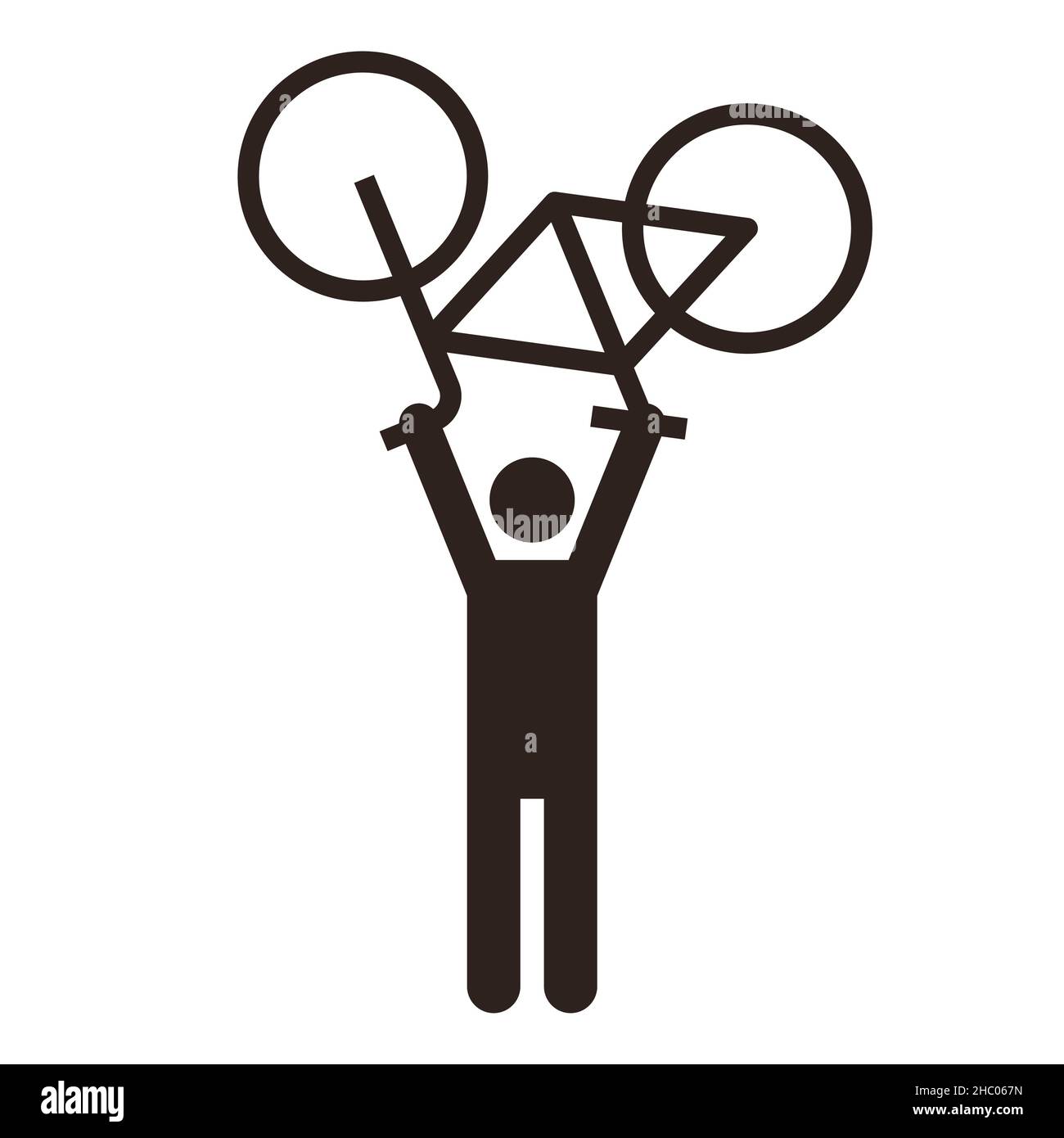 Radfahrer, die Fahrrad heben. Symbol für den Radsport-Sieger auf weißem Hintergrund isoliert Stockfoto