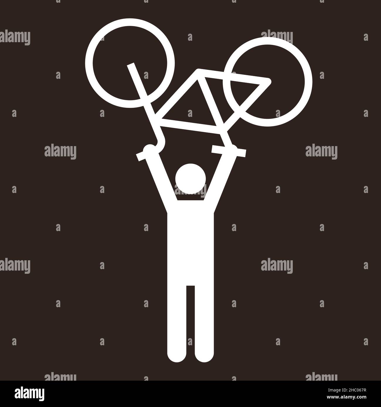 Radfahrer, die Fahrrad heben. Radsport-Sieger-Symbol auf dunklem Hintergrund Stockfoto