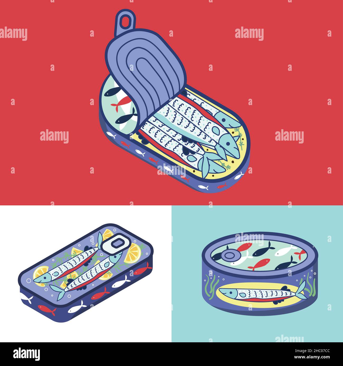 Fischkonserven. Flache Abbildung von 3 Thunfisch kann Vektor-Symbole für Web. Stock Vektor