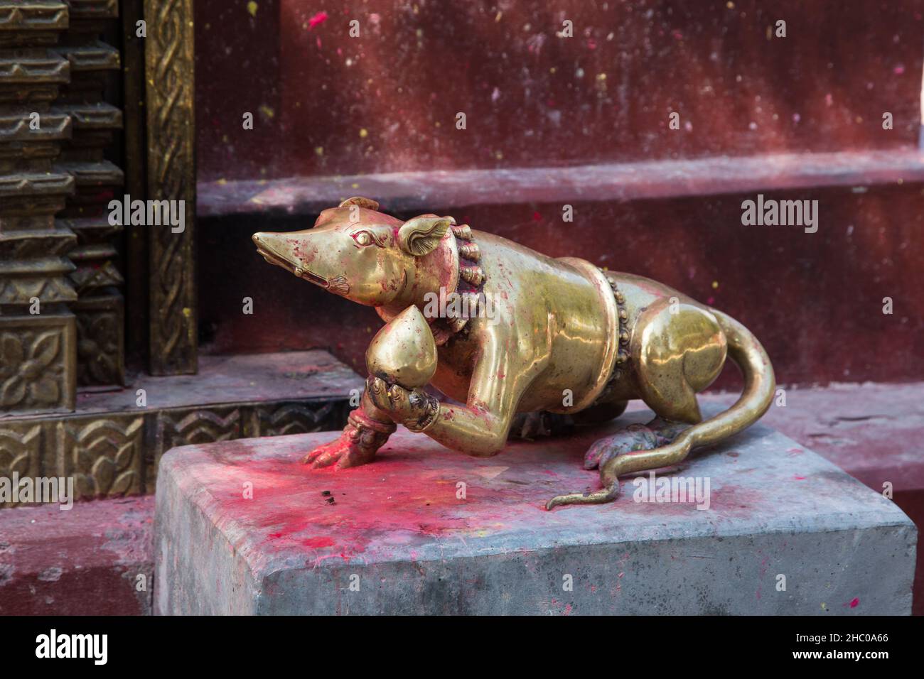 Eine Messingstatue einer Maus oder Spitzmaus am Ganesh Mandir Tempel im Binhaya Basini Tempelkomplex in Pokhara, Nepal. Die Maus ist das Vahara oder Veh Stockfoto
