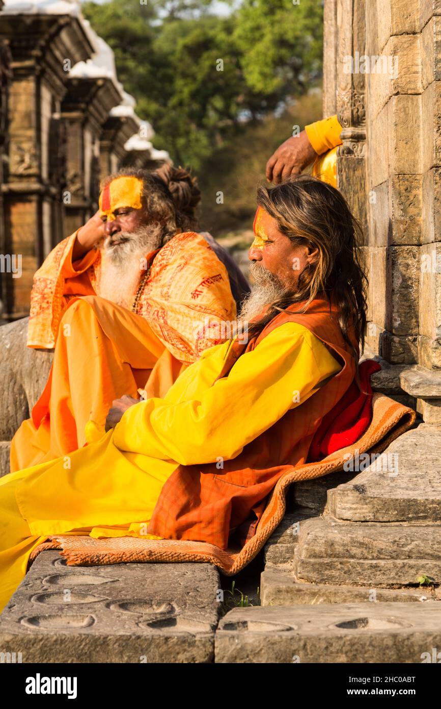 Sadhus, hinduistische Asketen oder heilige Männer im Pashupatinath-Tempelkomplex in Kathmandu, Nepal. Stockfoto