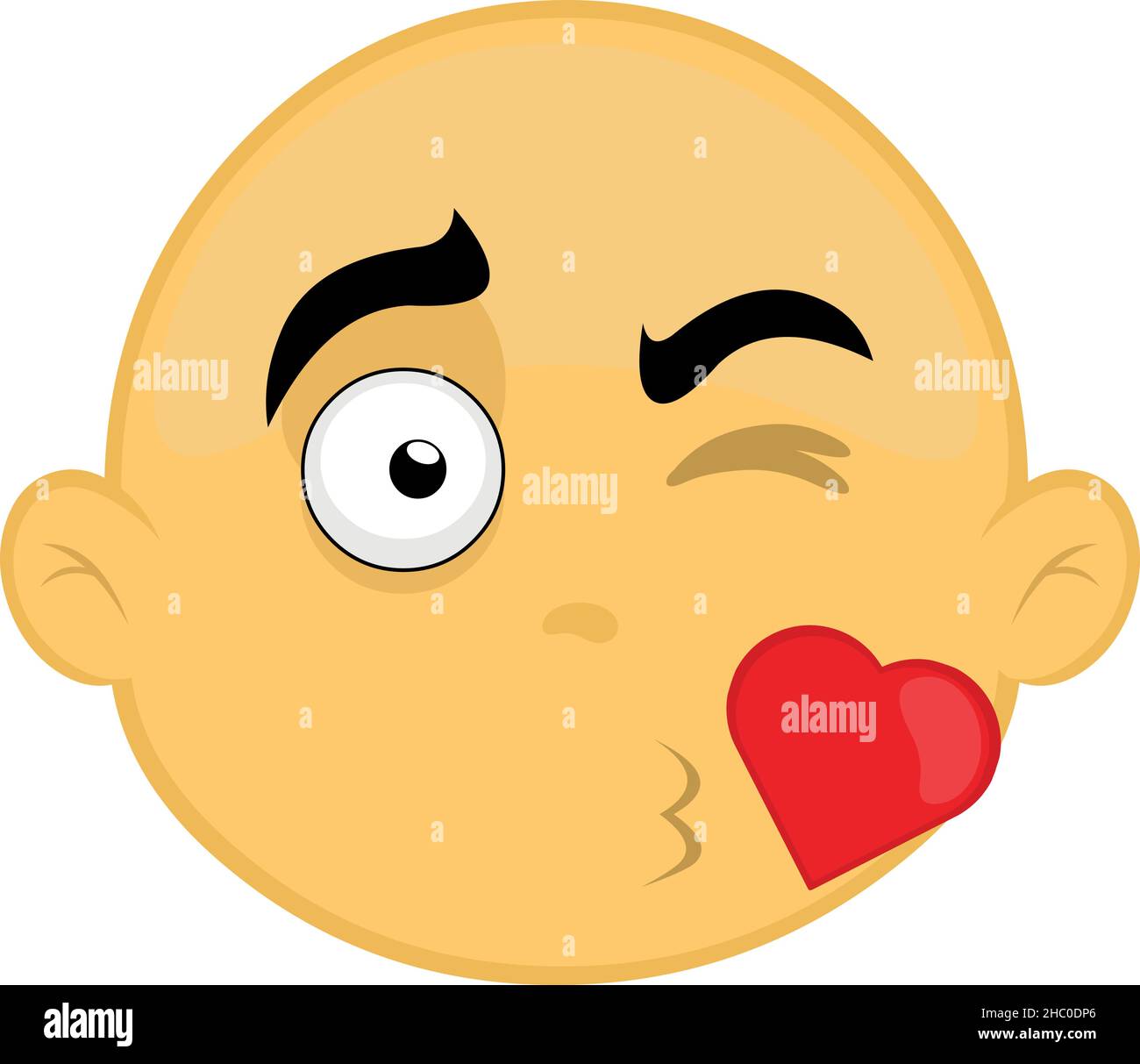 Vektor-Illustration des Gesichts einer Zeichentrickfigur, gelb und kahl, was einen herzförmigen Kuss Stock Vektor