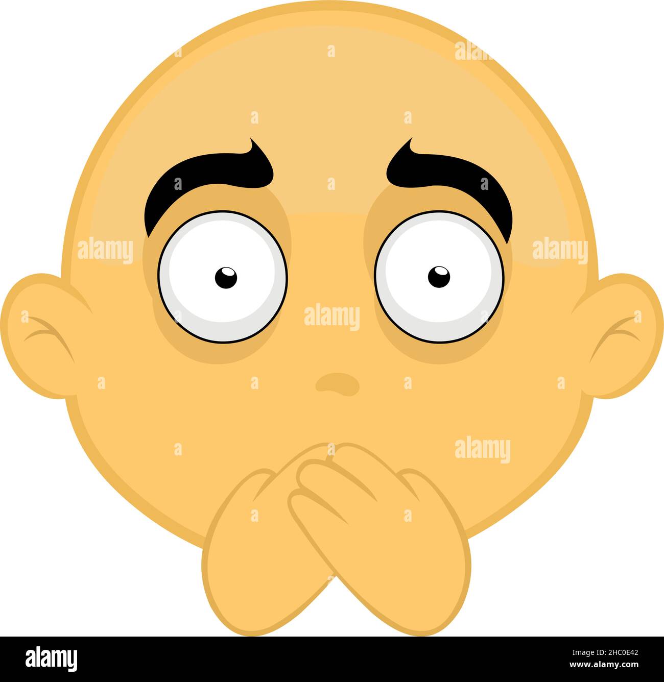 Vektor-Illustration des Gesichts einer kahlen, gelben Zeichentrickfigur, die seinen Mund mit den Händen bedeckt, um Schweigen zu schaffen Stock Vektor