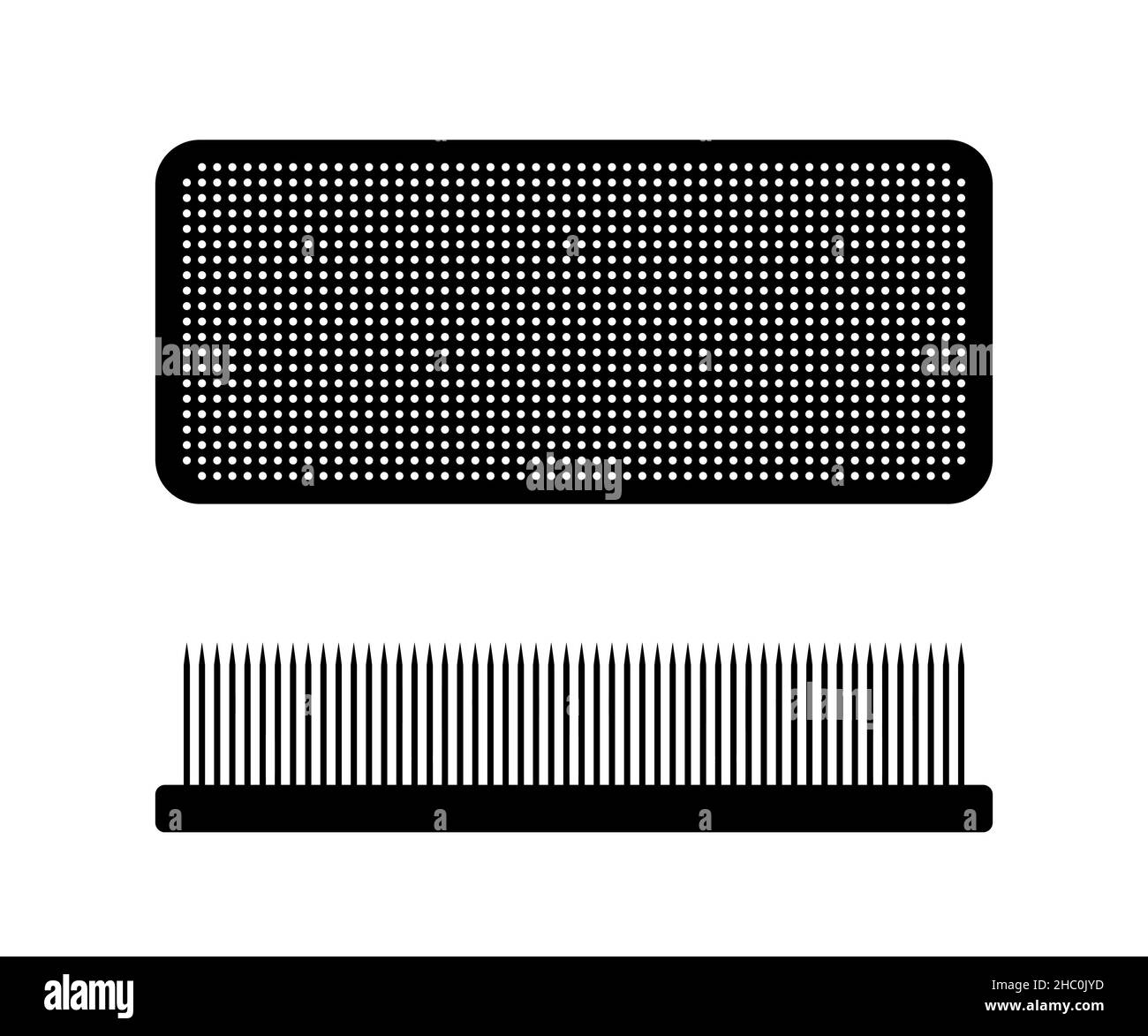Nails Bett schwarzes Symbol. Sadhu Füße stehen Holzbrett Symbol Set. Yoga-Übung und spiritueller Meditationspraktik. Alternative Medizin und Behandlung Vektor eps Illustration. Ansicht von oben und von der Seite Stock Vektor