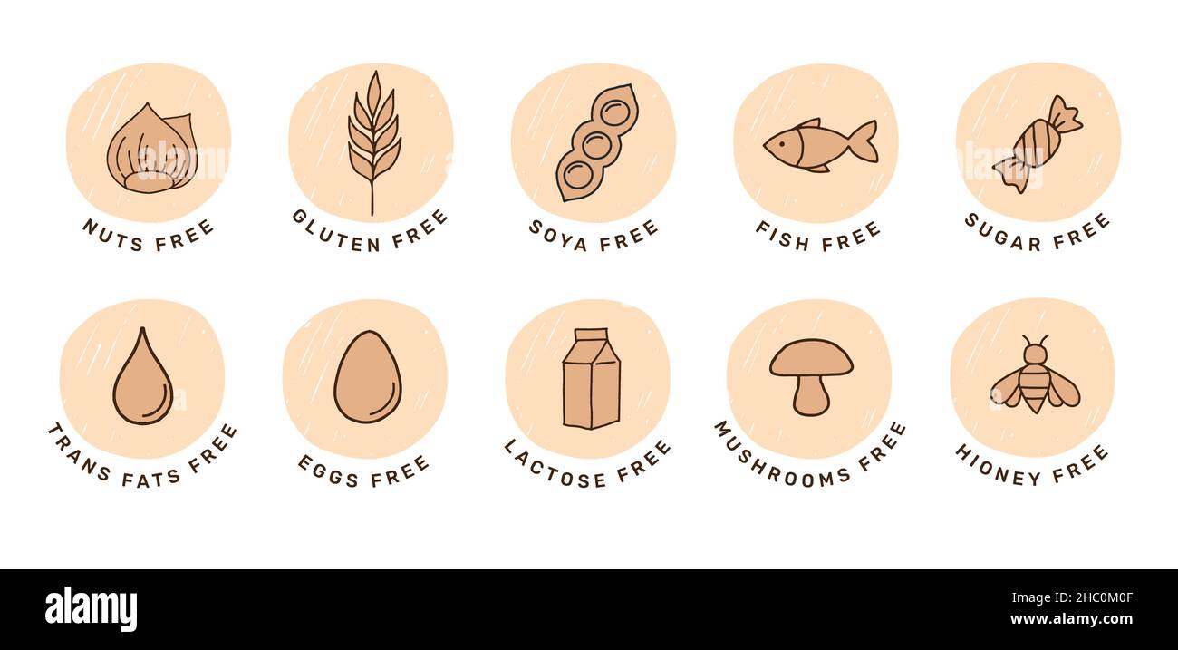 Symbol für handgezeichnete Allergene. Sammlung von glutenfreien, Fisch, Ei, Nüssen, Soja, Milch, milchfreie Symbole, Aufkleber und Symbole Stock Vektor