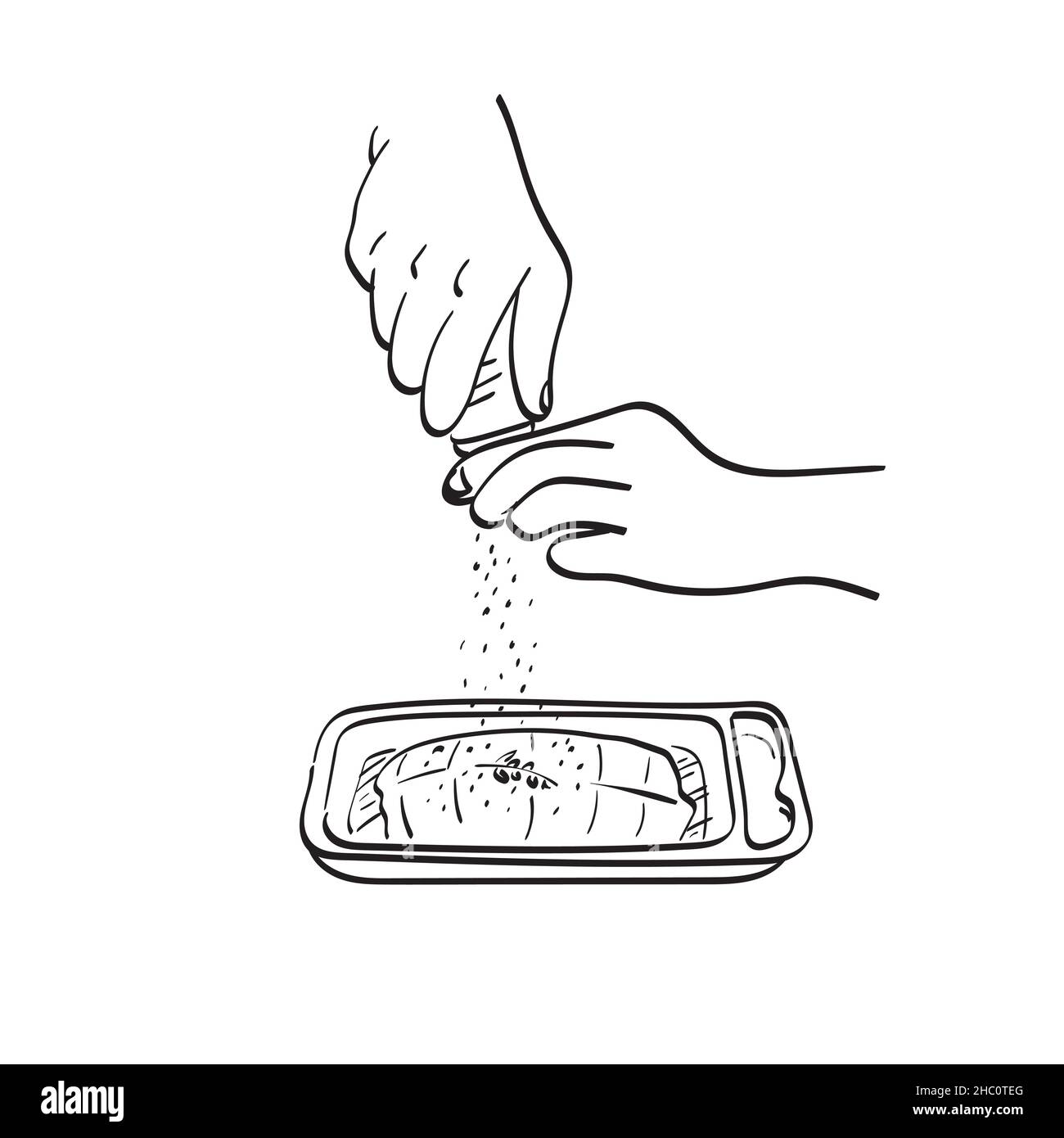 Nahaufnahme Hand hält Salzkeller auf calmon Steak Illustration Vektor Hand gezeichnet isoliert auf weißem Hintergrund Linie Kunst Stock Vektor