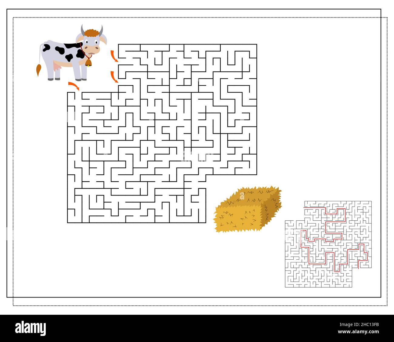 Kinder-Logik-Spiel gehen durch das Labyrinth. Führe die Kühe durch das Labyrinth zum Heu. Vektor Stock Vektor