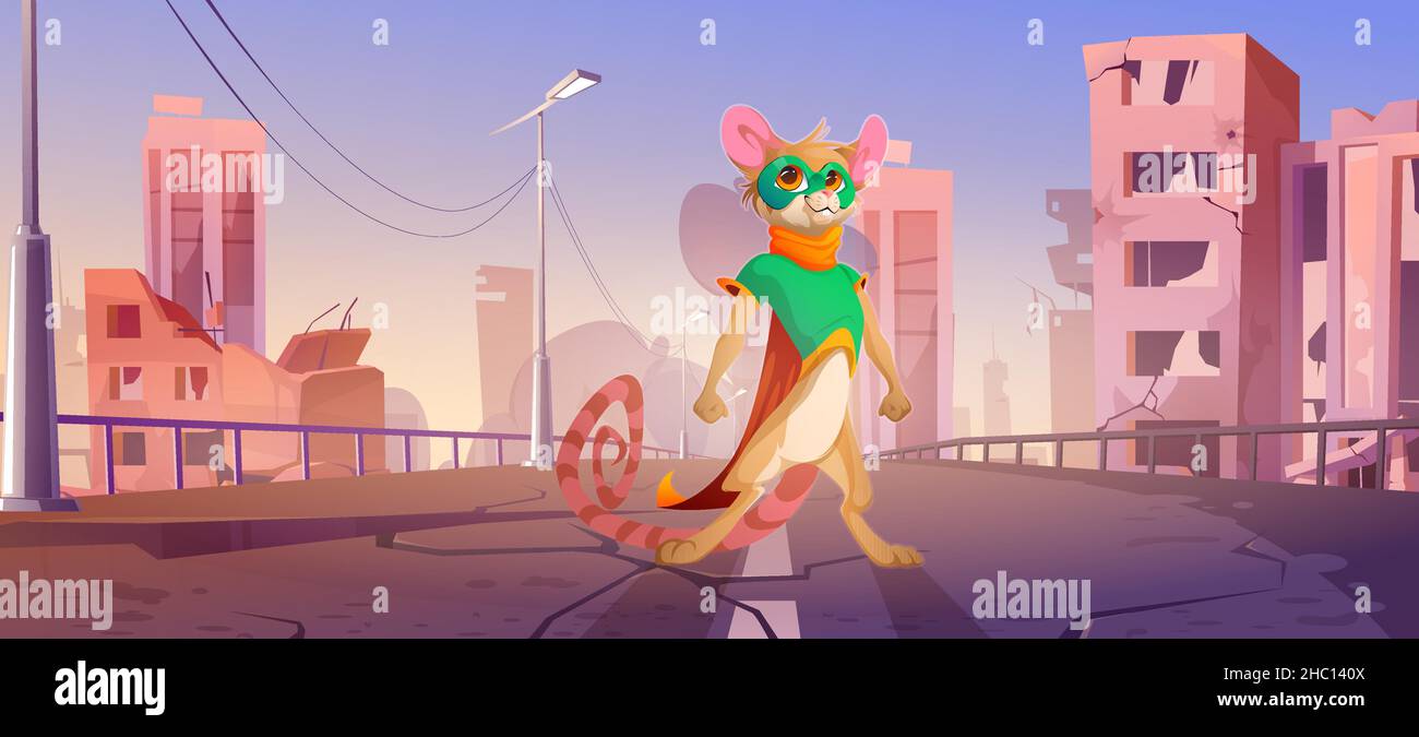 Maus-Superheld mit Umhang und Maske auf der Straße der zerstörten Stadt. Vektor-Cartoon-Illustration von Landschaft mit Stadtruinen, gebrochenen Gebäuden und niedlichen Ratte in Super-Helden-Kostüm Stock Vektor