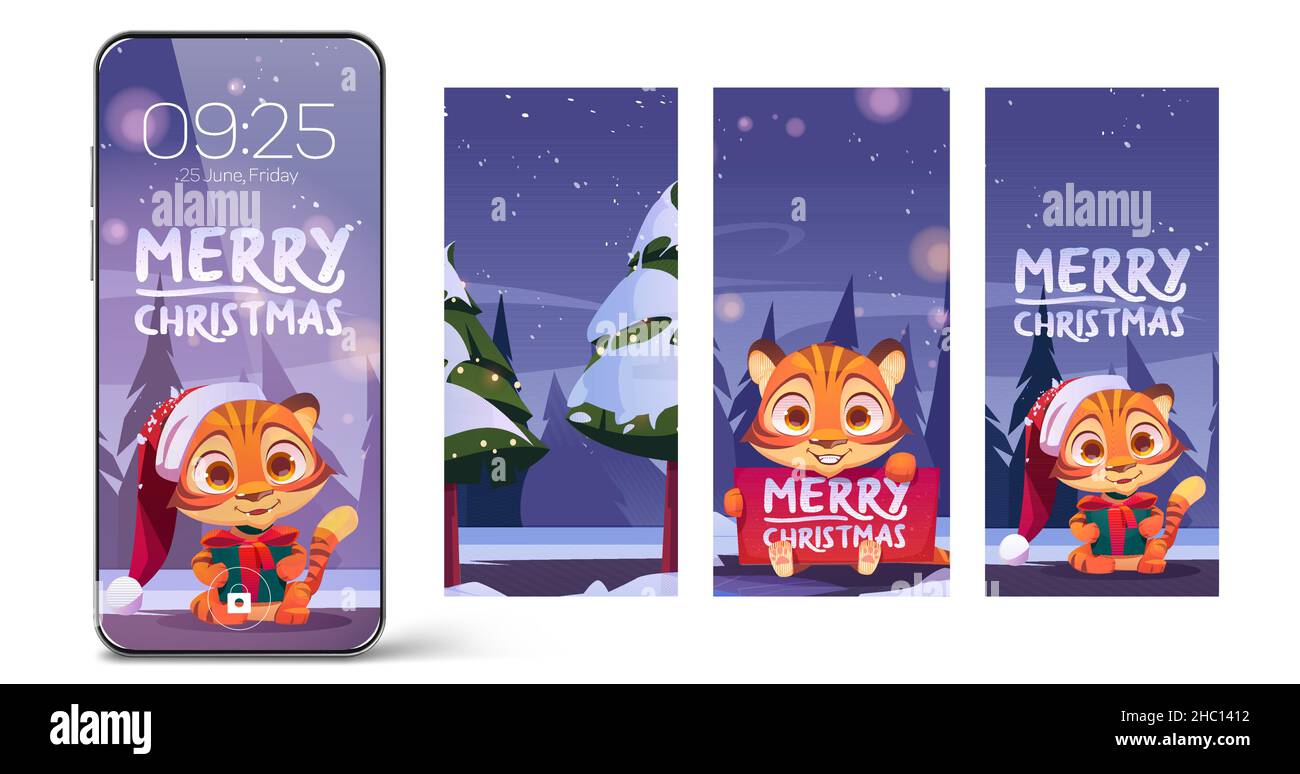 Frohe Weihnachten Wallpaper mit niedlichen Tiger für Handy-Bildschirmschoner. Vektor-Illustration von Smartphone mit Cartoon-Hintergründe mit Kätzchen in rot Weihnachtsmann Hut mit Geschenkbox im Winterwald Stock Vektor