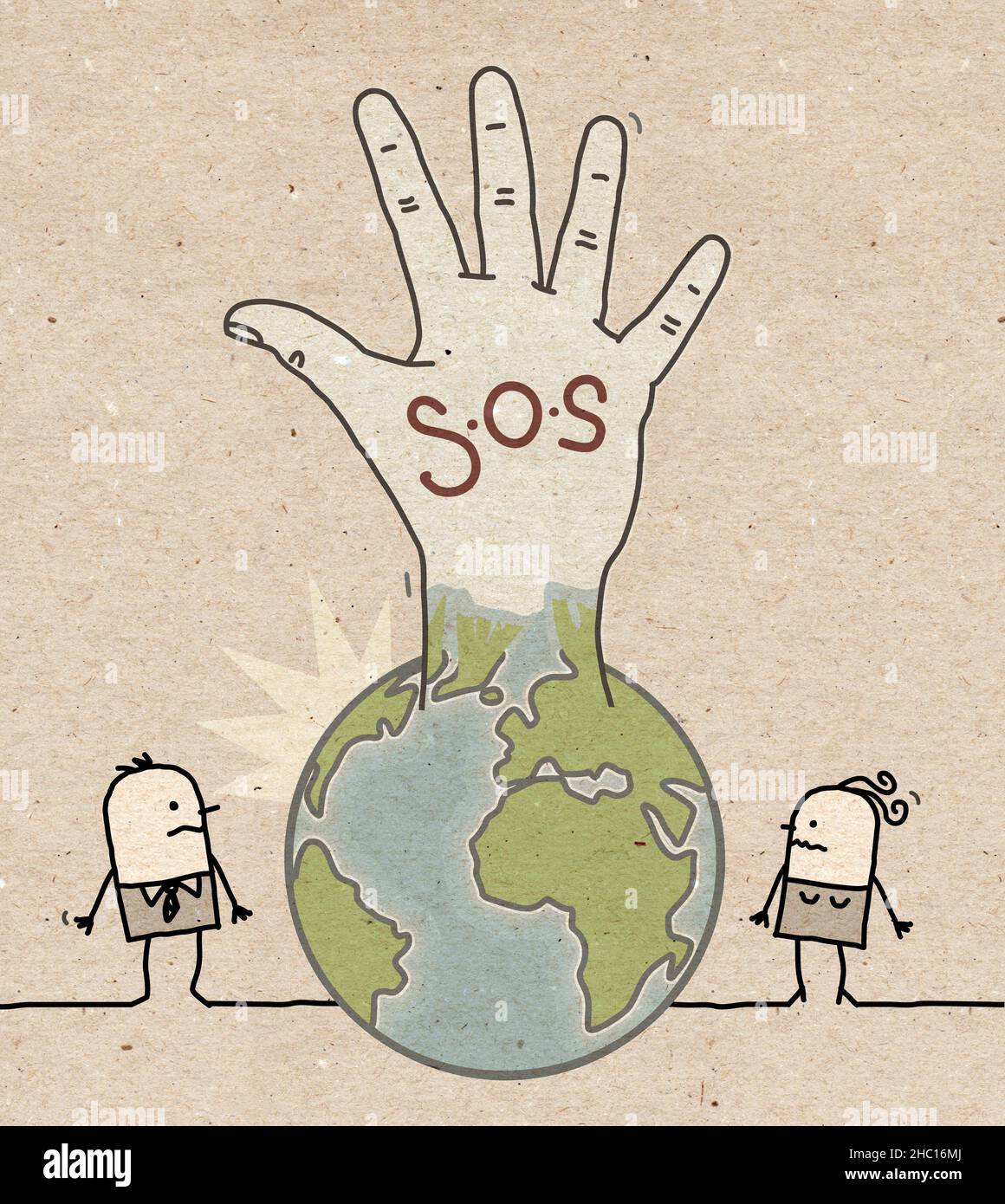 Hand gezeichnet Cartoon Menschen und Planet Erde Aufsteigen ein Hand mit S.O.S-Schild Stockfoto