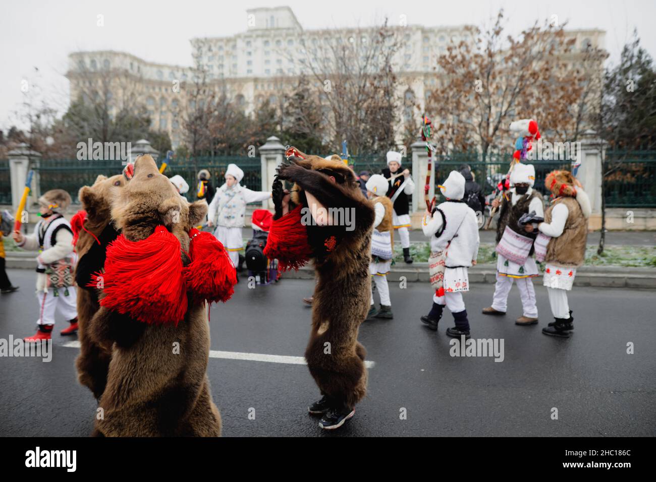 Bukarest, Rumänien - 21. Dezember 2021: Eine Gruppe von Menschen trägt Bärenfelle und führen traditionelle rumänische Neujahrsrituale (Bärentanz oder Dansul Ursil Stockfoto