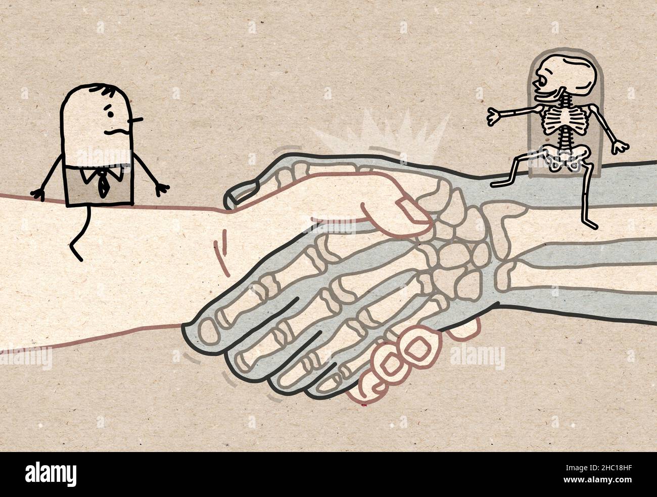Handgezeichneter Cartoon-Mann und Skelett treffen sich auf einem großen Handschlag Stockfoto