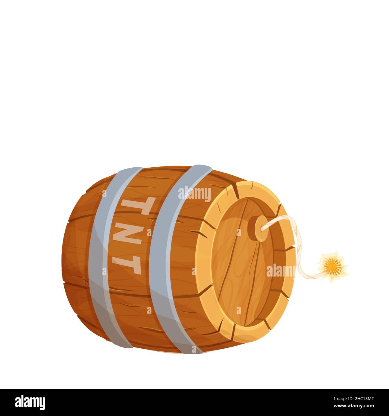 TNT Holzfass mit Detonator im Comic-Stil isoliert auf weißem Hintergrund. Explosive Waffe, Bombe. UI-Spielelement. . Vektorgrafik Stock Vektor