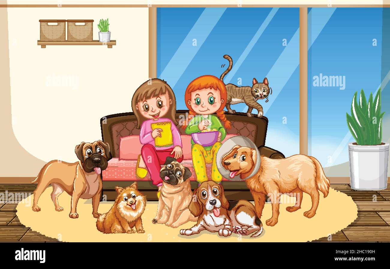 Zwei Mädchen mit vielen Hunden im Wohnzimmer Illustration Stock Vektor