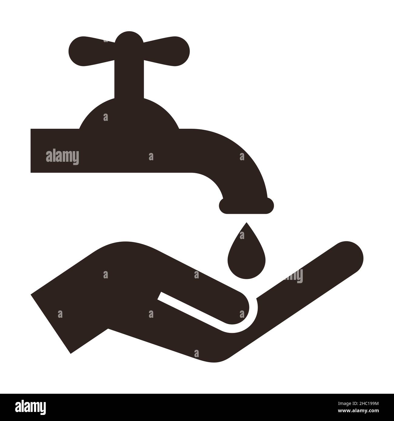 Symbol für Händewaschen. Hände unter fließendem Wasser waschen. Konzept der Hygiene auf weißem Hintergrund isoliert Stockfoto