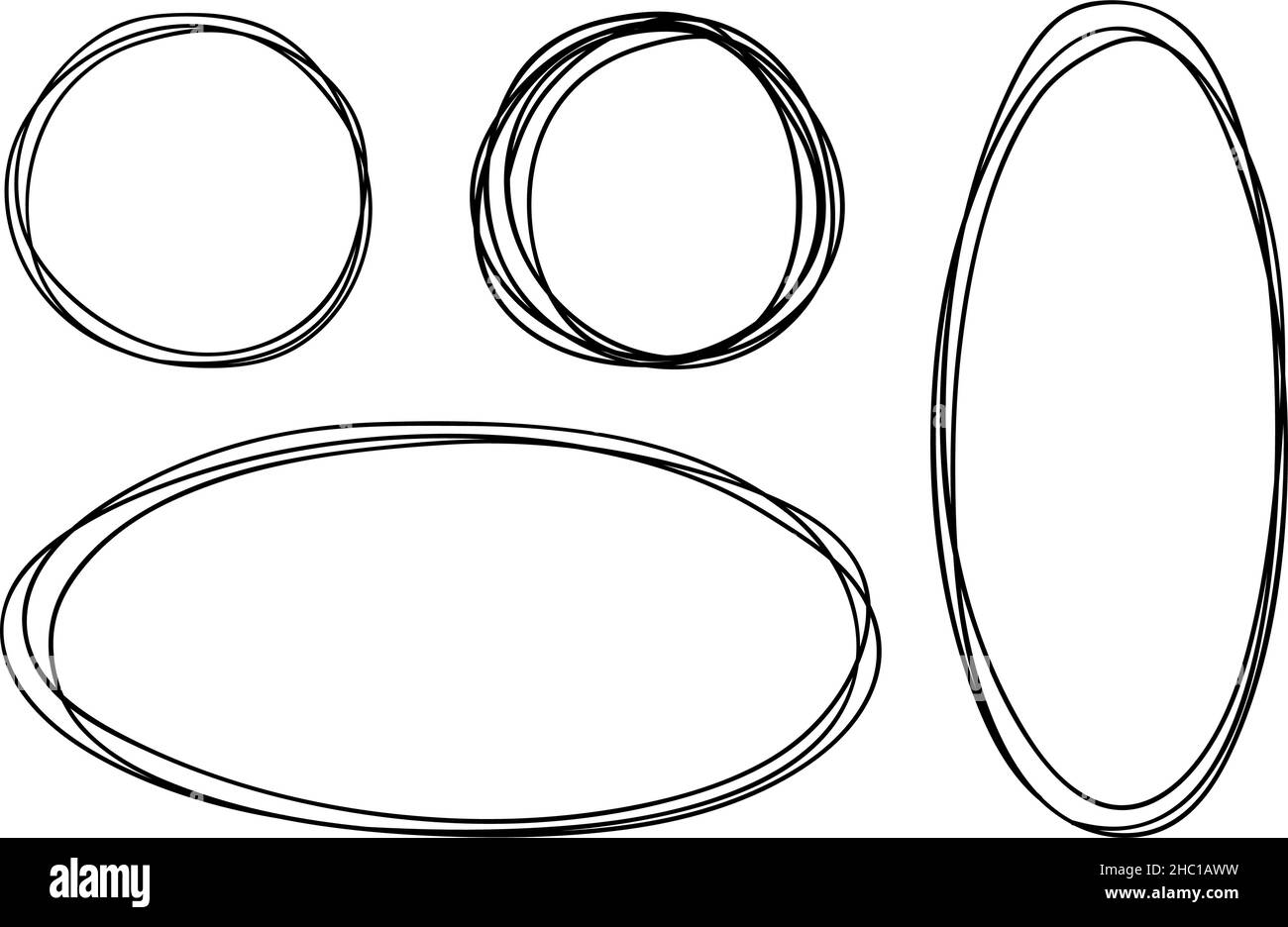 Einfache runde ovale Vektorrahmen im Doodle-Stil. Schwarzer Umriss auf weißem Hintergrund mit leerem Abstand in den mittleren Abbildungen. Zur Dekoration von Karten, Einladungen. Stock Vektor