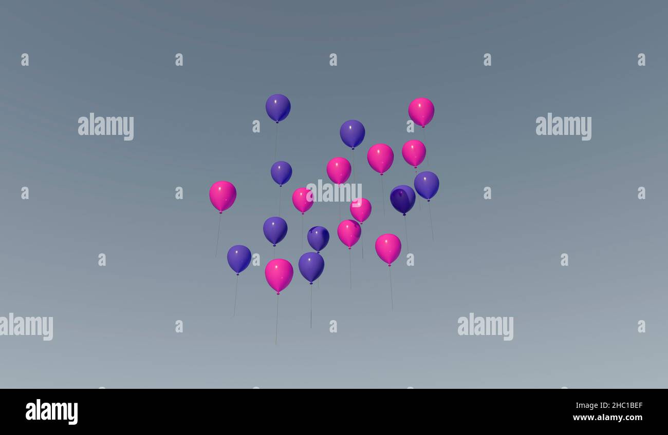 Luftballons fliegen am Himmel. Blaue und rosa Luftballons vor dem Hintergrund des sommerlichen Abendhimmels. Träume, Fantasien, Kinderurlaubskonzept. Hochwertige 3D-Illustration Stockfoto